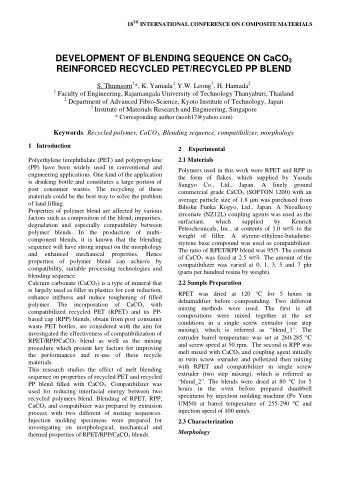 DEVELOPMENT OF BLENDING SEQUENCE ON CaCO 3  REINFORCED RECYCLED PET/RECYCLED PP BLEND S. Thumsorn 1