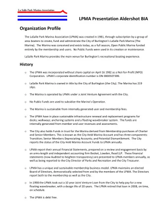 LPMA Presentation Aldershot BIA Organization Profile The LaSalle Park Marina Association (LPMA) was