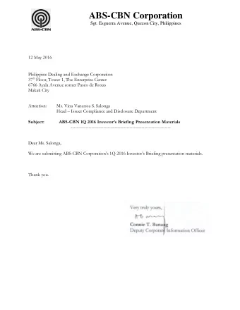 ABS-CBN Corporation  Sgt. Esguerra Avenue, Quezon City, Philippines  12 May 2016  Philippine