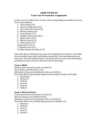 ADPR 370/PR 367  Team Case Presentation Assignments    In  this  course,  we  will