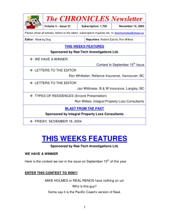 The CHRONICLES Newsletter Volume 3  Issue 21  Subscription: 1,750  November 15, 2005  Please