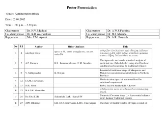 Poster Presentation  Venue : Administration Block  Date : 05.09.2015 Time : 1.00 p.m.  3.30 p.m.