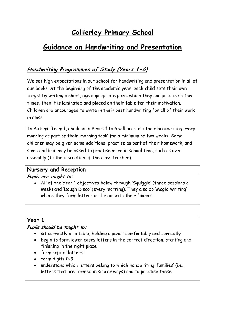 collierley primary school guidance on handwriting and