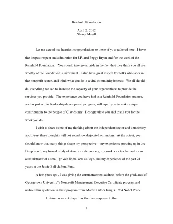 Reinhold Foundation  April 2, 2012  Sherry Magill  Let me extend my heartiest congratulations to