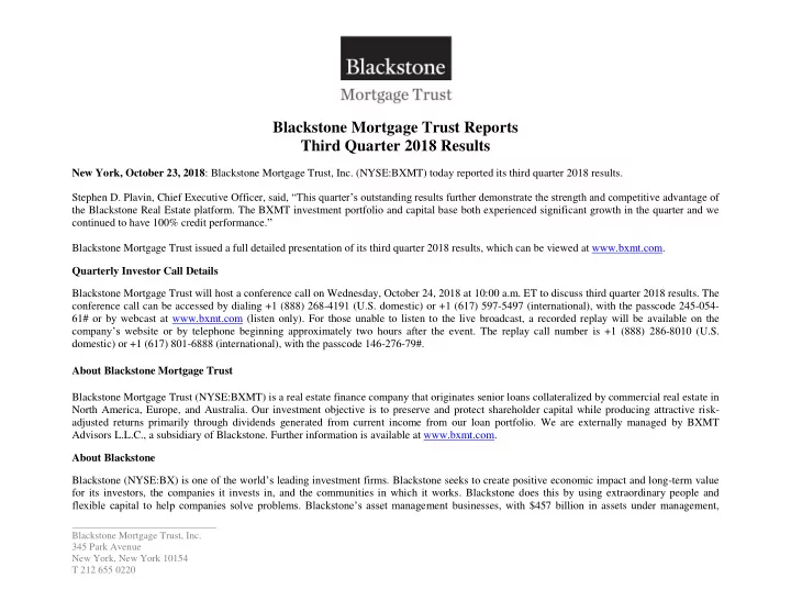 blackstone mortgage trust reports third quarter 2018