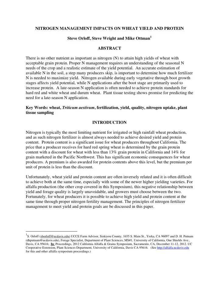 nitrogen management impacts on wheat yield and protein