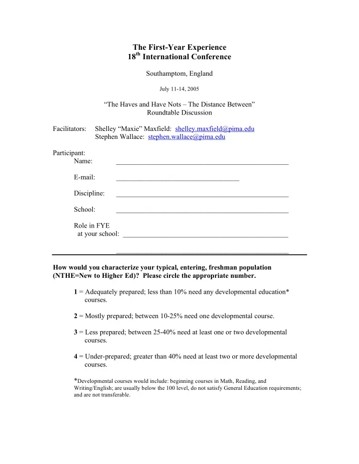 the first year experience 18 th international conference