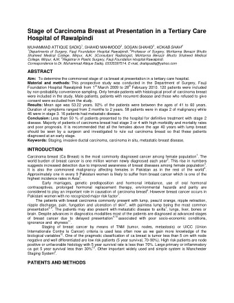 Stage of Carcinoma Breast at Presentation in a Tertiary Care Hospital of Rawalpindi MUHAMMAD