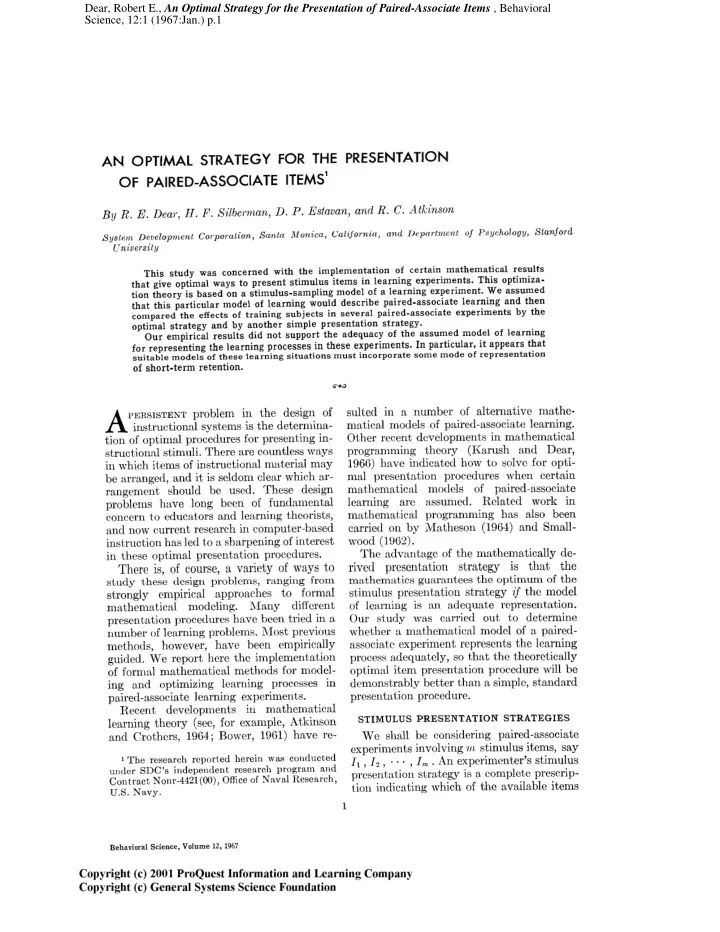 dear robert e an optimal strategy for the presentation of