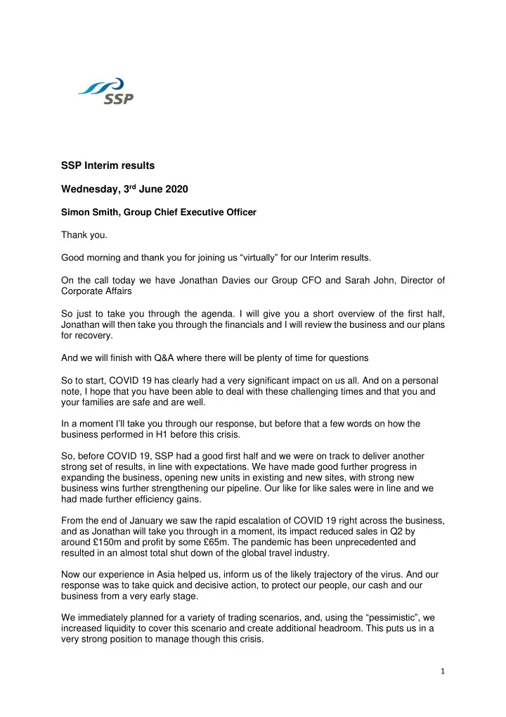 ssp interim results wednesday 3 rd june 2020