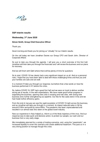 SSP Interim results Wednesday, 3 rd June 2020  Simon Smith, Group Chief Executive Officer  Thank