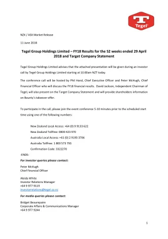 Tegel Group Holdings Limited  FY18 Results for the 52 weeks ended 29 April 2018 and Target