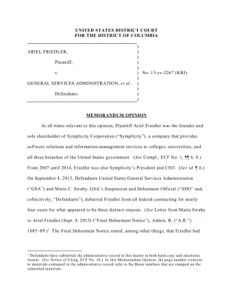 UNITED STATES DISTRICT COURT  FOR THE DISTRICT OF COLUMBIA  )  ARIEL FRIEDLER,  )  )  Plaintiff,  )