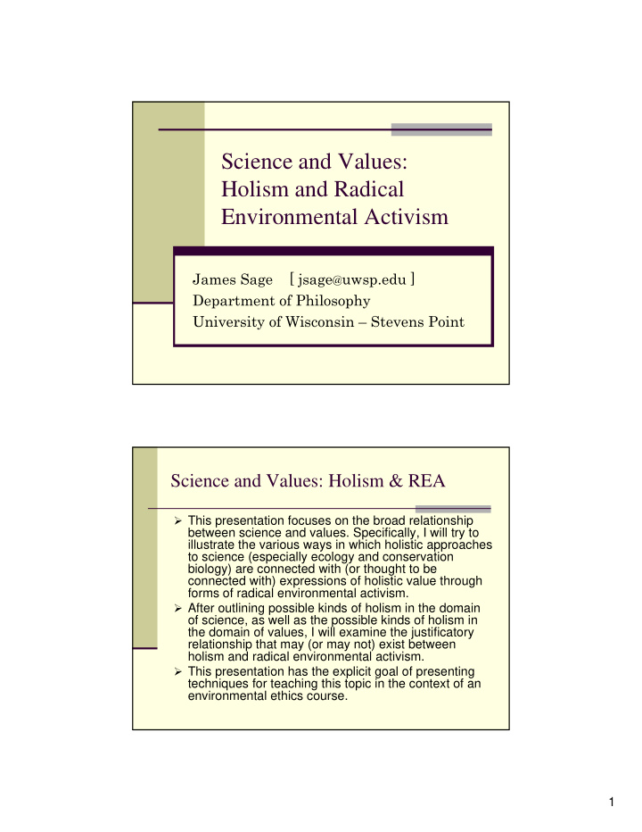 science and values holism and radical environmental