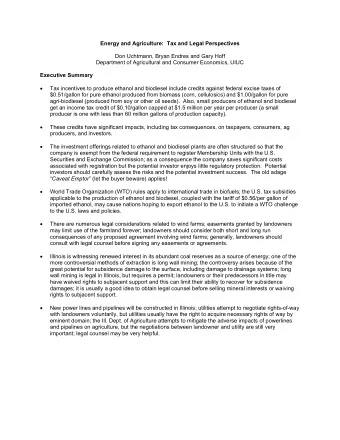 Energy and Agriculture:  Tax and Legal Perspectives  Don Uchtmann, Bryan Endres and Gary Hoff