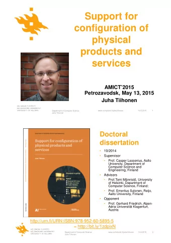 Support for  configuration of  physical  products and  services  AMICT2015  Petrozavodsk, May