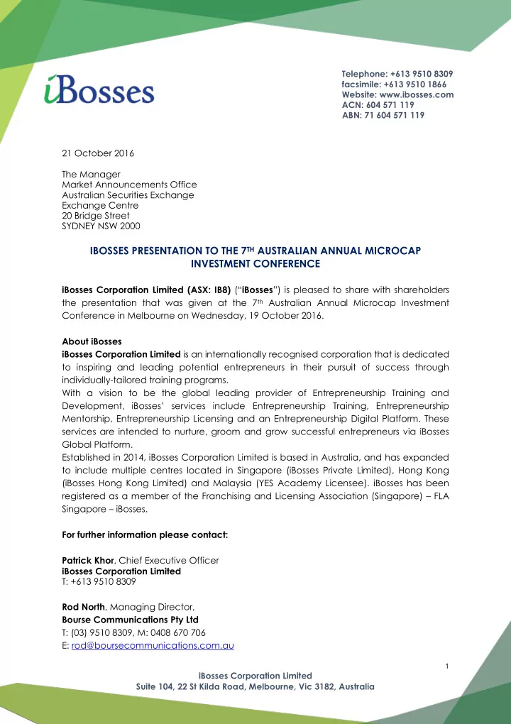 ibosses presentation to the 7 th australian annual
