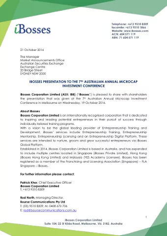 IBOSSES PRESENTATION TO THE 7 TH AUSTRALIAN ANNUAL MICROCAP  INVESTMENT CONFERENCE iBosses