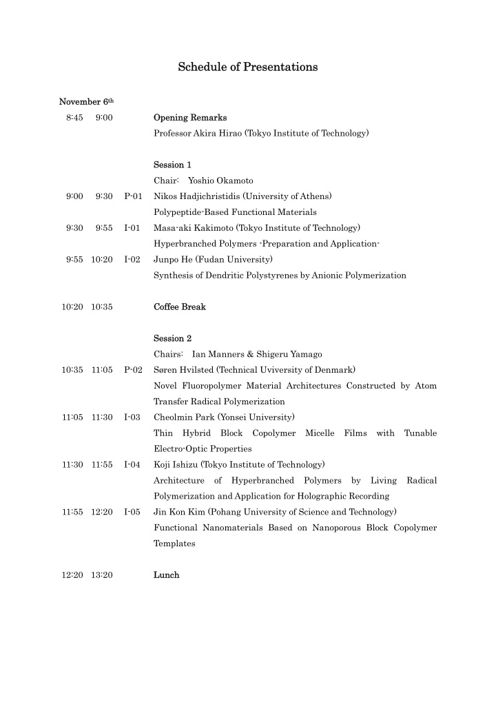 schedule of presentations schedule of presentations