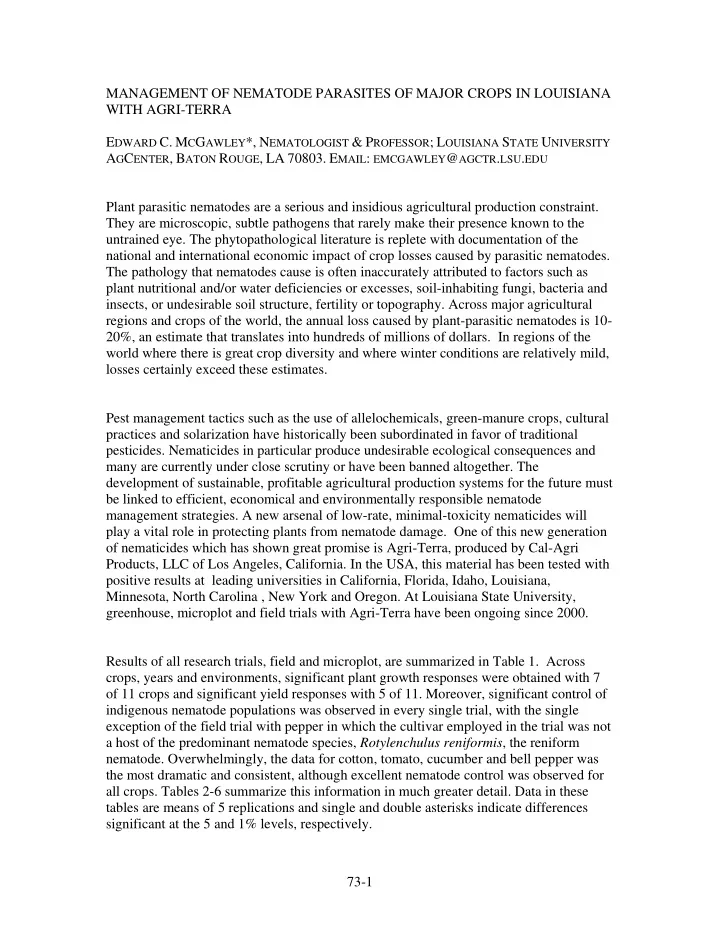 management of nematode parasites of major crops in