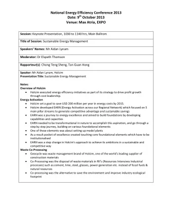 National Energy Efficiency Conference 2013 Date: 9 th October 2013  Venue: Max Atria, EXPO Session: