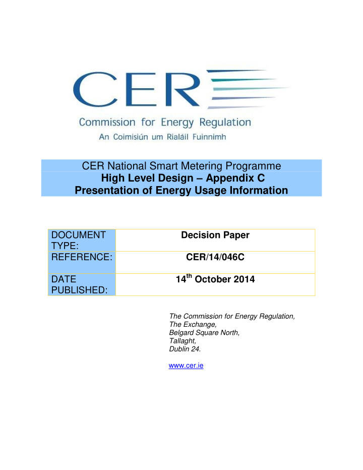 cer national smart metering programme high level design