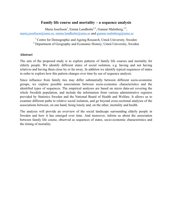 family life course and mortality a sequence analysis