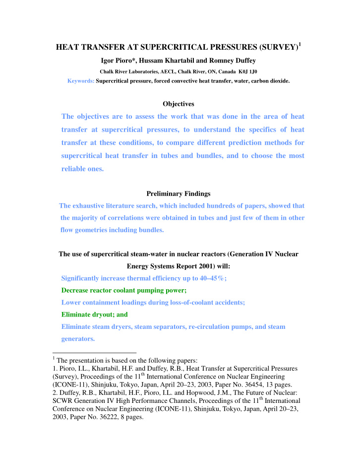 heat transfer at supercritical pressures survey 1