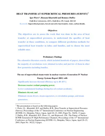HEAT TRANSFER AT SUPERCRITICAL PRESSURES (SURVEY) 1  Igor Pioro*, Hussam Khartabil and Romney