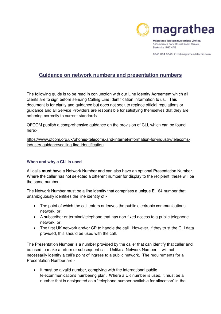 guidance on network numbers and presentation numbers