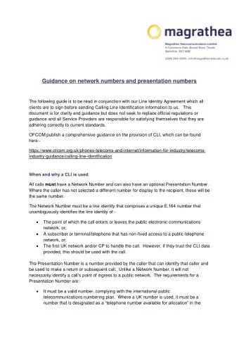 Guidance on network numbers and presentation numbers  The following guide is to be read in