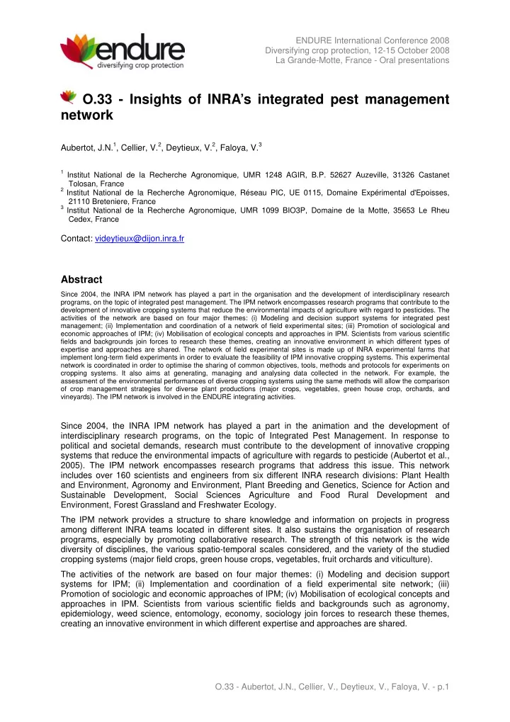 o 33 insights of inra s integrated pest management network