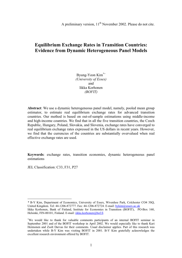 equilibrium exchange rates in transition countries