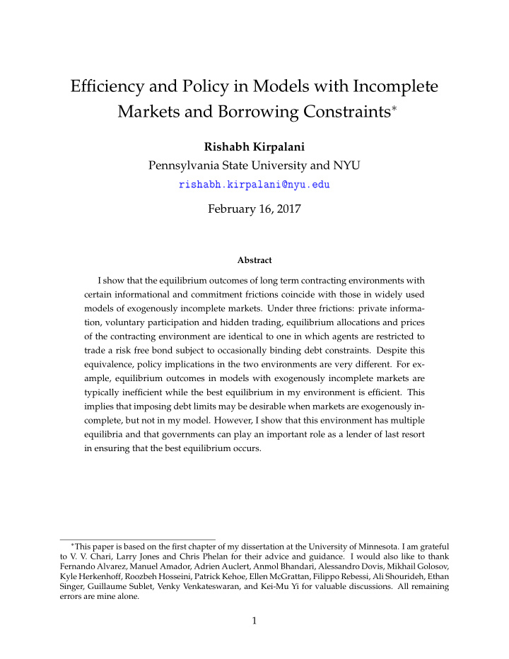 efficiency and policy in models with incomplete