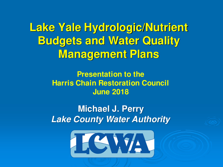 lake yale hydrologic nutrient budgets and water quality