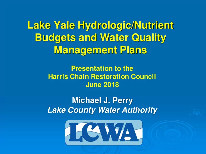 lake yale hydrologic nutrient budgets and water quality