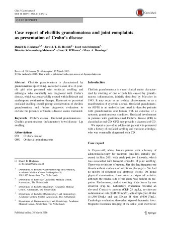 Case report of cheilitis granulomatosa and joint complaints  as presentation of Crohns disease