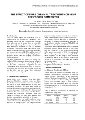 THE EFFECT OF FIBRE CHEMICAL TREATMENTS ON HEMP  REINFORCED COMPOSITES  H. Wang*, M.M. Kabir, K.T.