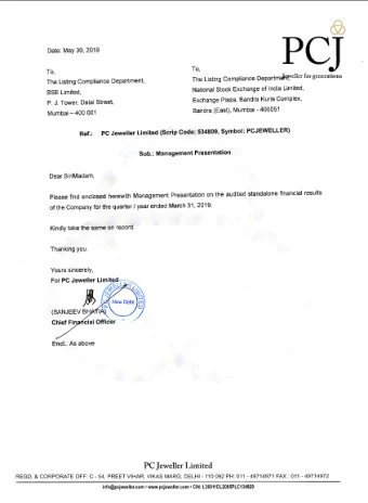 PC Jeweller  Results Presentation May 30 th , 2019  Safe Harbor  This presentation and the