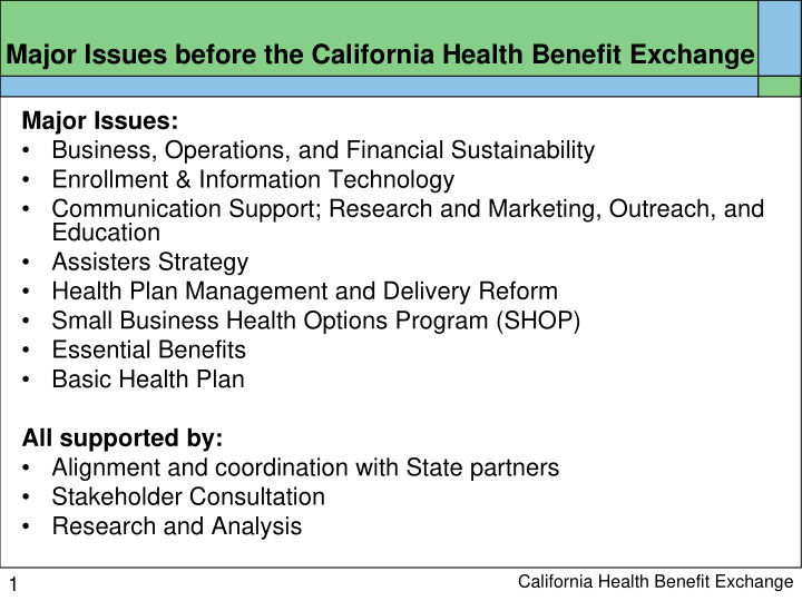 major issues before the california health benefit exchange