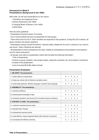 American Literature A  A  Homework for Week 8  Presentations: Background to the
