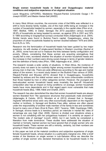 Single women household heads in Dakar and Ouagadougou: material  conditions and subjective