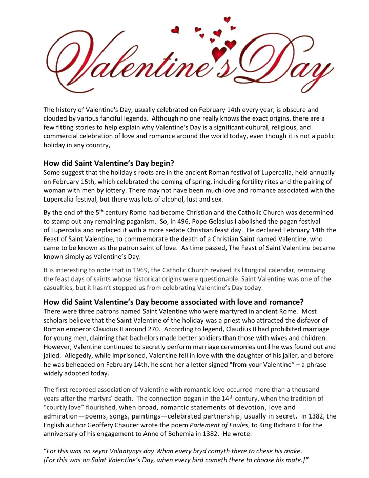 how did saint valentine s day b egin