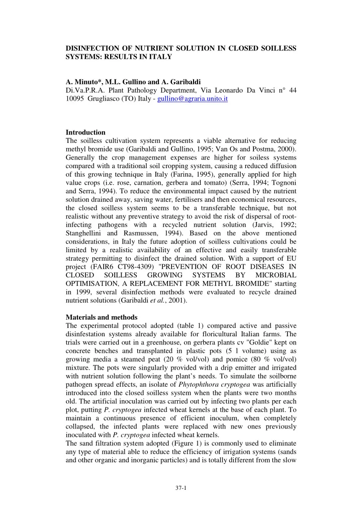 disinfection of nutrient solution in closed soilless