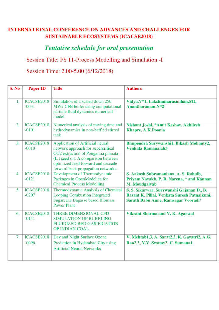 tentative schedule for oral presentation