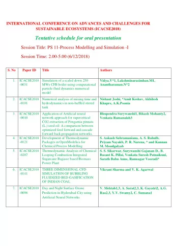 Tentative schedule for oral presentation  Session Title: PS 11-Process Modelling and Simulation -I