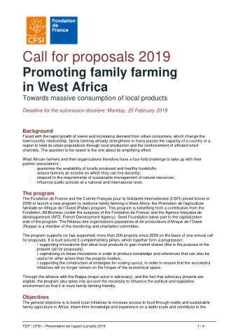 Call for proposals 2019  Promoting family farming  in West Africa  Towards massive consumption of