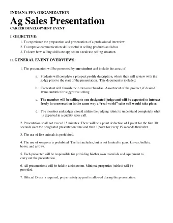 Ag Sales Presentation  CAREER DEVELOPMENT EVENT I. OBJECTIVE:  1. To experience the preparation and