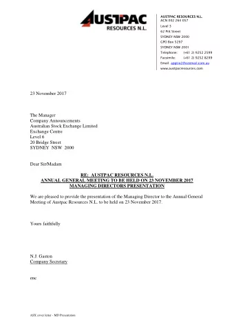 23 November 2017  The Manager  Company Announcements  Australian Stock Exchange Limited  Exchange