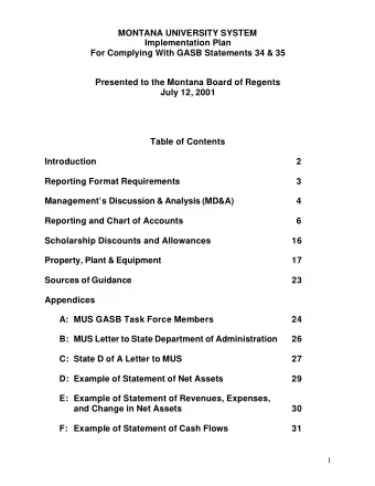 MONTANA UNIVERSITY SYSTEM  Implementation Plan  For Complying With GASB Statements 34 &amp; 35